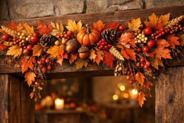 Obraz premium Rustic autumnal harvest fireplace decor.