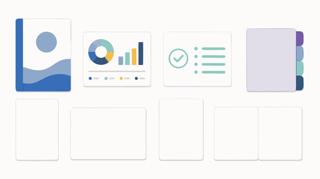 Modular report builder icon set with cover page, chart panel, summary checklist and appendix tabs, clean vector layout components for proposals, dashboards and business documentation
