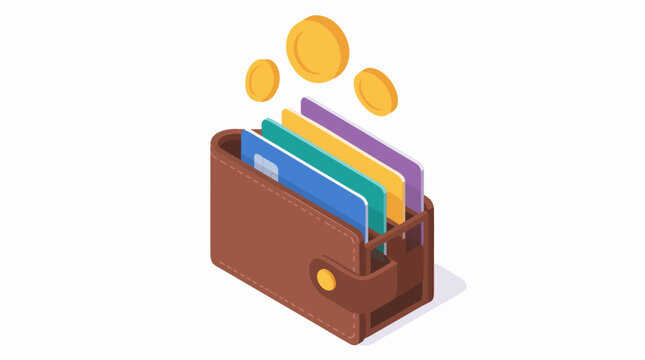 Isometric leather wallet with colorful credit cards fanned outward and gold coins floating above, clean flat vector finance illustration for payments, banking, savings and personal money apps