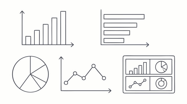 Data visualization thin line icon set with rising bar charts, horizontal graphs, pie segments, line trends and analytics dashboard, editable stroke vector for reports, presentations and business