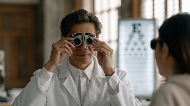 Optometry examination room, a Filipino optometrist adjusting a phoropter in front of a teenage patient during a vision screening, eye chart glowing on a lightbox behind them,