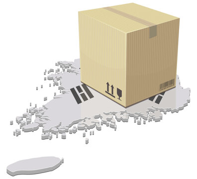 3D isometric map of South Korea with national flag and a large cardboard parcel representing international trade, domestic shipping, and e-commerce supply chain (cut out)