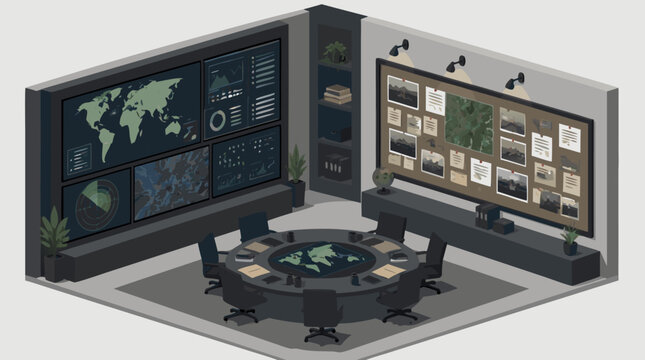 Isometric intelligence war room with wall screen dashboards, world map, radar panels, evidence pin board, spotlit planning wall and round conference table, strategic command center illustration