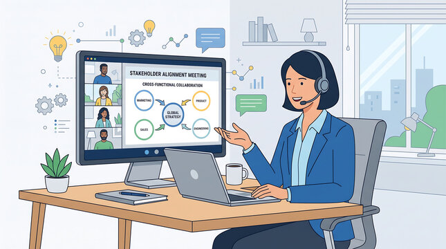 A professional woman in a headset conducts a virtual stakeholder alignment meeting on a large monitor, working from her home office with a city view.