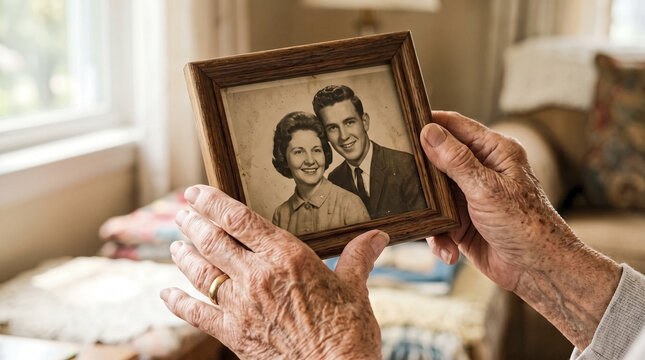 Close up, senior hands holding vintage photo of young couple. Wrinkled senior hands carefully holding vintage photo, evoking cherished memories, past.