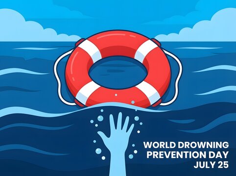 World drowning prevention day illustration with lifebuoy and hand reaching out of water
