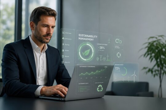 Man using laptop with futuristic holographic interface showing sustainability data