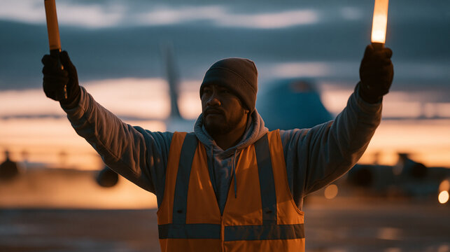 Airport ground crew at a cargo terminal at dusk, a Samoan aircraft marshaller in high-visibility vest using illuminated wands to guide a wide-body freighter into a parking bay,