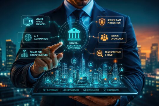 Digital government concept with a businessman interacting with a holographic interface, displaying smart city infrastructure, online public services, and secure data protection.