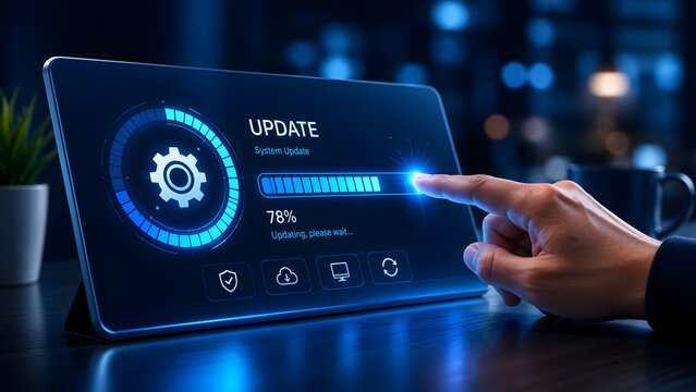 Software system update installation process features businessman hand touching digital tablet screen with glowing blue progress bar