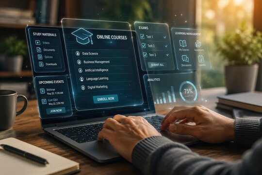 Online learning platform on laptop screen, with digital interface showing courses and analytics, user hands typing on keyboard