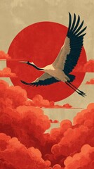 Obraz premium Elegant Crane Flying Across Crimson Sun and Dreamlike Scarlet Clouds