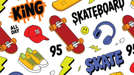 Skateboard seamless pattern vector illustration with street style elements graffiti text sneakers headphones cap and lightning bolts, (17 words) © MD
