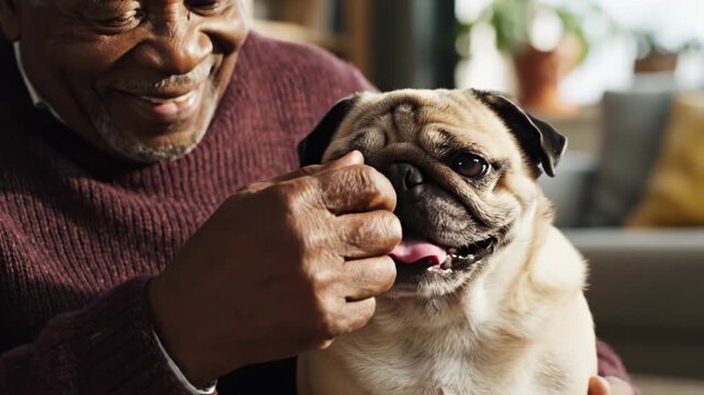 Senior African American man gently cupping the face of a fawn pug dog with its tongue out indoors. The man is wearing a maroon sweater in a cozy living room environment.
