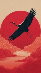 Obraz premium Black Crane Flying Before Crimson Sun in Japanese Vintage Art Landscape