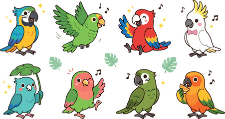Cute Parrot and Exotic Bird Vector Character Set Featuring Macaw, Cockatoo, and Lovebird Illustrations for Kids Stickers, Patterns, and Tropical Designs © Shareful