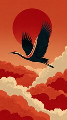 Obraz premium Minimalist Crane Flying Before Crimson Sun in Japanese Vintage Style
