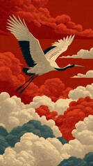 Obraz premium Graceful Japanese Crane Flying Through Ornate Scarlet Clouds Vintage Artwork