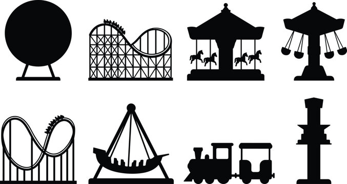 Amusement Park Ride Silhouette Icon Set with Ferris Wheel Roller Coaster Carousel and Train