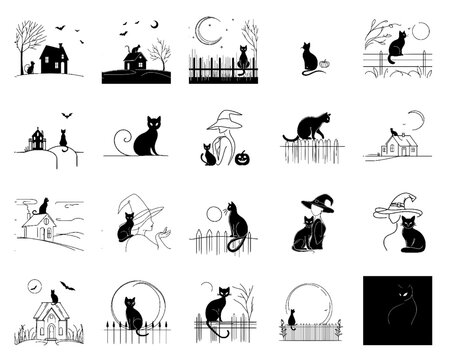 A mystical Halloween-themed mega-set of drawings: a black cat and a witch created using continuous lines. Minimalist silhouettes of a spooky haunted house, an elegant witch, a crescent moon, and a pum