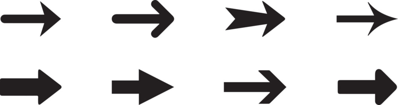 A modern, simple arrow icon. Black arrow pointing to the right. Solid black direction pointer sign set. Vector eps file 10.