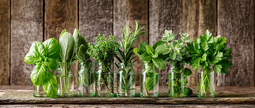 Fresh Culinary Herbs in Glass Bottles &ndash; AI Generative
