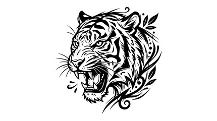 Obraz premium Fierce Tiger Head Tattoo Design, Roaring Animal Illustration, Black and White