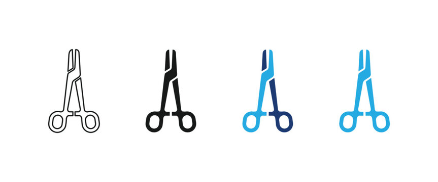 Medical forceps icon, surgical scissors symbol, hospital clamp tool, metallic tweezers sign, dental operation equipment graphic. Vector illustration