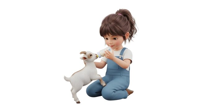 Cute young girl playing with a small white goat indoor bright cheerful scene