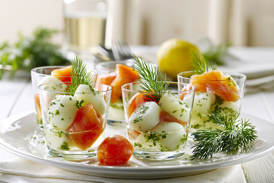 Kohlrabi Salad with Smoked Salmon. AI generative.