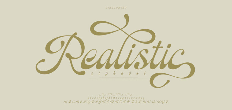 Realistic, Luxury wedding alphabet letters font with tails. Typography elegant classic serif fonts and number decorative vintage retro concept for logo branding. vector illustration