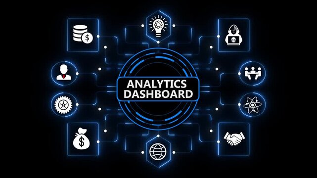 Analytics Dashboard with Intelligent Digital Monitoring and Enterprise Data Intelligence on Dark Blue Background