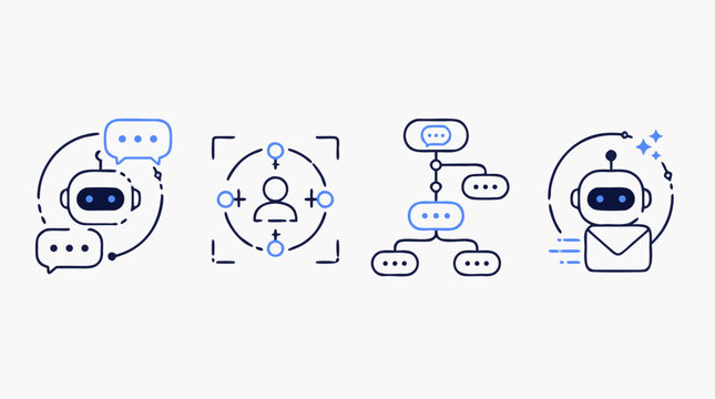 Editable stroke chatbot conversation icon set with friendly robot, speech bubbles, intent recognition target, dialogue flow tree and automated reply envelope for AI support vector design