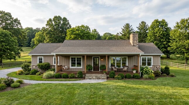 Modern single-story home with a wide inviting front porch nestled in a lush green landscape, perfect for serene country living