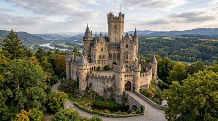 Obraz premium Aerial view of a medieval stone castle perched on a lush forested hill overlooking a winding river valley during a beautiful sunset