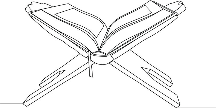 Continuous line drawing of open quran book on traditional wooden stand or rehal