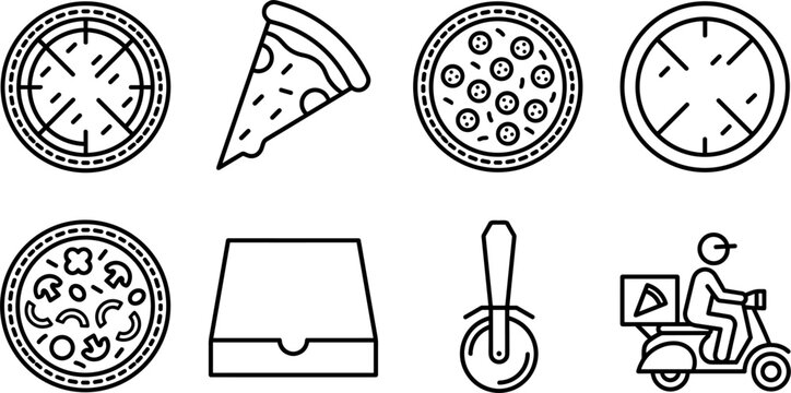 Pizza icon collection featuring whole pizza slice pepperoni pizza box cutter and delivery scooter line illustration