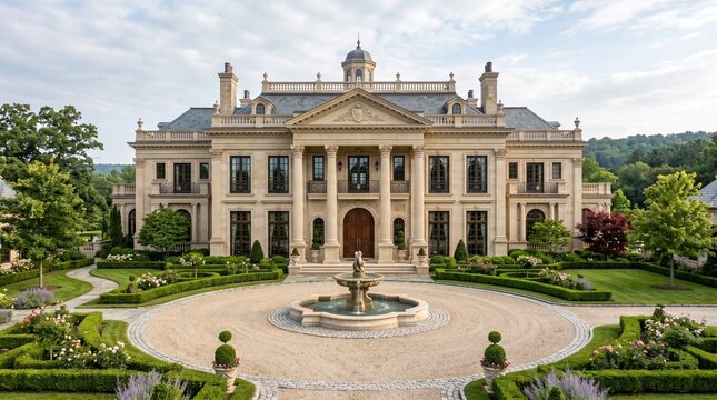 Luxurious Neoclassical Estate Featuring a Grand Circular Driveway and Ornate Stone Fountain in a Manicured Garden Landscape