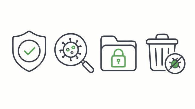 Malware protection rounded line icon set with antivirus shield, virus scan magnifier, locked quarantine folder and threat removal trash bin for secure cybersecurity vector design system
