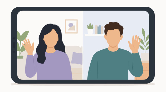 Friendly faceless coworkers waving on split-screen video call inside a rounded smartphone frame, cozy home office backgrounds, flat vector concept for remote meetings and digital connection