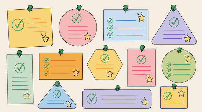 Colorful pinned sticky note reminder icon set with checkmarks, stars, checklist lines and assorted geometric paper shapes for task planning, goals, productivity apps and playful organizer templates