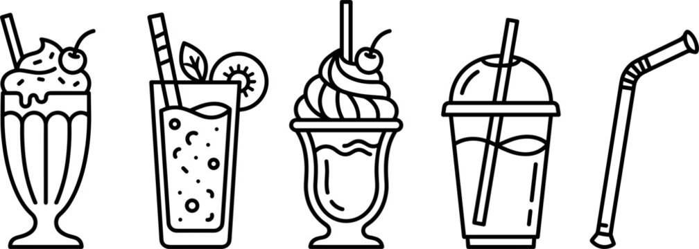 Cold beverage icon collection featuring milkshake juice sundae glass smoothie cup and reusable straw line illustration