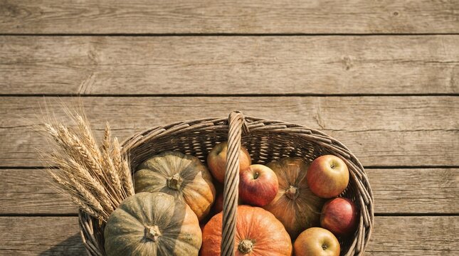 Wicker basket overflowing with colorful pumpkins, apples, and golden wheat stalks on old wooden floor planks, authentic autumn harvest festival and rustic Thanksgiving flat lay background.