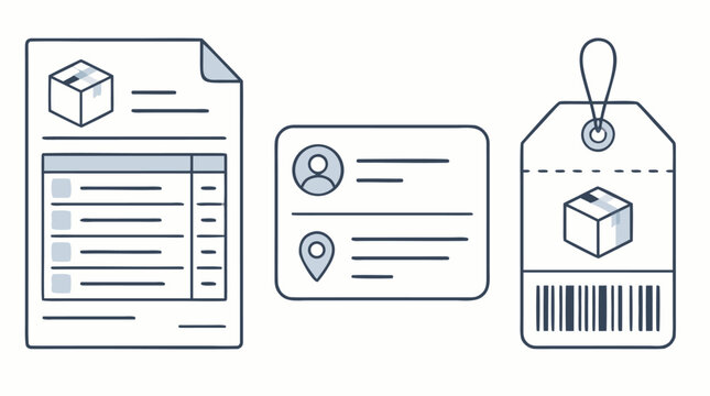 Editable stroke shipping paperwork icon set with packing slip, address card and barcode tag, clean outline vector for logistics, delivery tracking, warehouse documents and ecommerce fulfillment