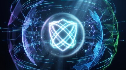 Naklejka premium Futuristic digital shield symbolizing secure data and global network protection.