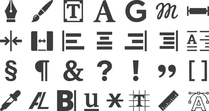 Typography Text Editing and Graphic Design Icon Set with Font Formatting, Paragraph Alignment, and Editorial Symbols for Software Interfaces, Websites, and App Designs