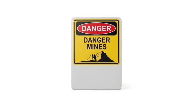 Warning sign with danger mines label in yellow and red colors alerting caution and hazard danger alert safety symbol image