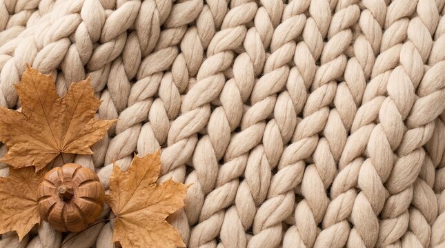 Cozy chunky knit beige blanket background with dry autumn maple leaves and wooden carved pumpkin, warm seasonal texture for fall aesthetic design and Thanksgiving projects.