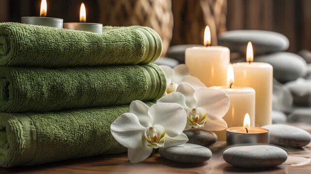 Stacked green cotton towels arranged with white orchid flowers, burning pillar candles, and smooth grey basalt spa stones on a wooden surface with a soft blurred background.