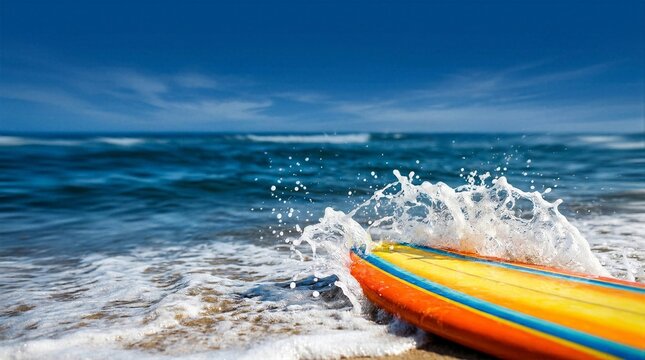 Vibrant colorful surfboard washed up on wet beach sand surrounded by splashing ocean waves and white sea foam under beautiful clear blue summer sky, surfing and tropical travel landscape.